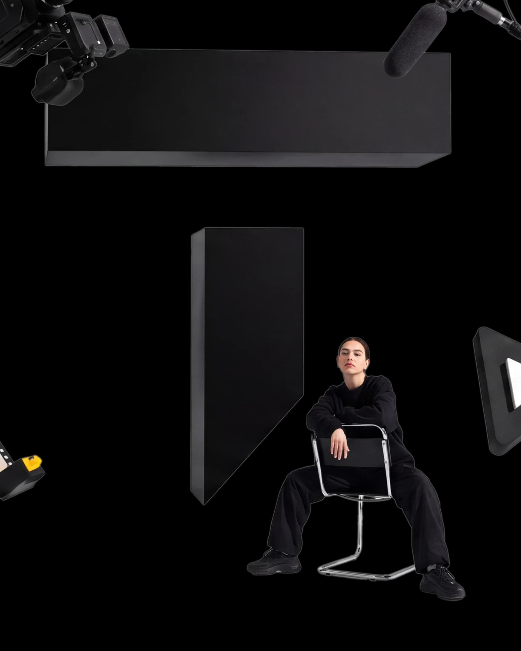 The Trifid Media studio: a creator seated among cameras, film strips, storyboards and creative briefs